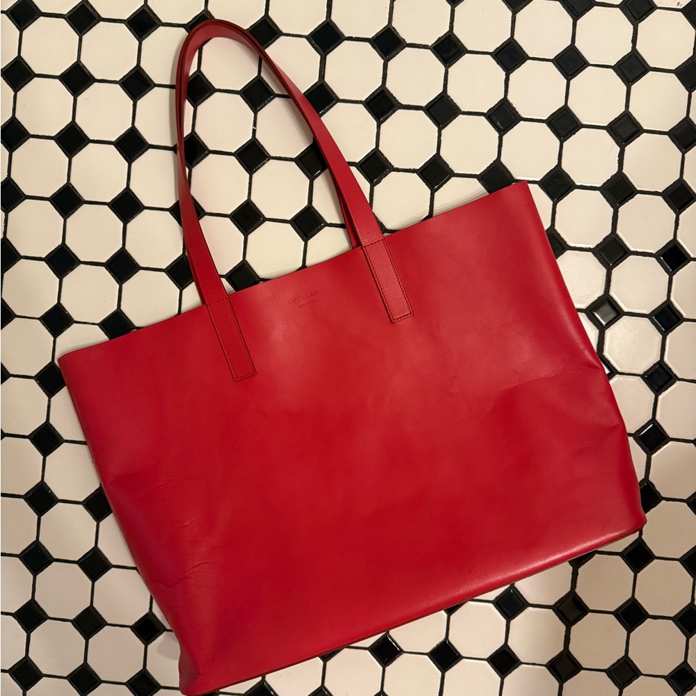 Everlane red leather tote bag shopper; structured with internal pocket